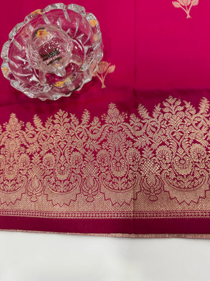 Soft silk saree with woven floral border and contrast brocade blouse piece