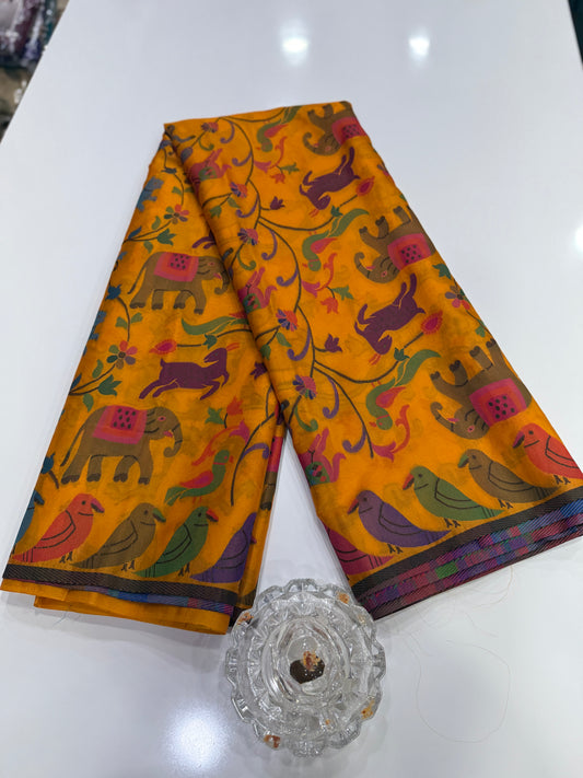 Soft silk printed saree with multicolour ethnic motifs and contrast blouse piece