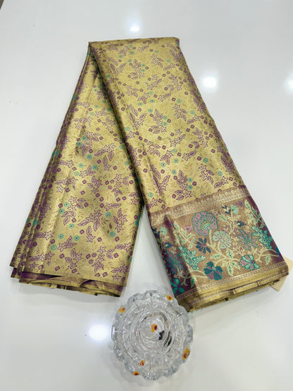 Dharmavaram Style Silk Saree with Zari Floral Weaving and Grand Pallu – Traditional Wedding Saree