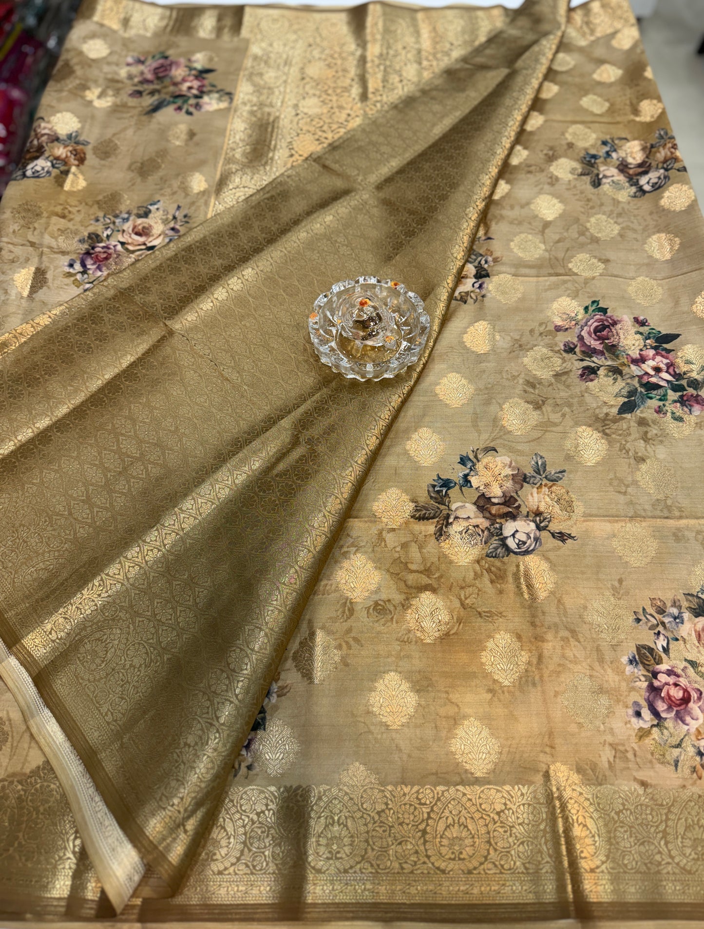 Bamboo Silk Floral Printed Saree with Rich Decorative Pallu, All Over Rich Butti Weaving