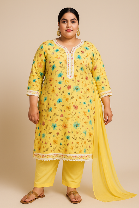 Linen cotton Kurti Pant with Dupatta Set