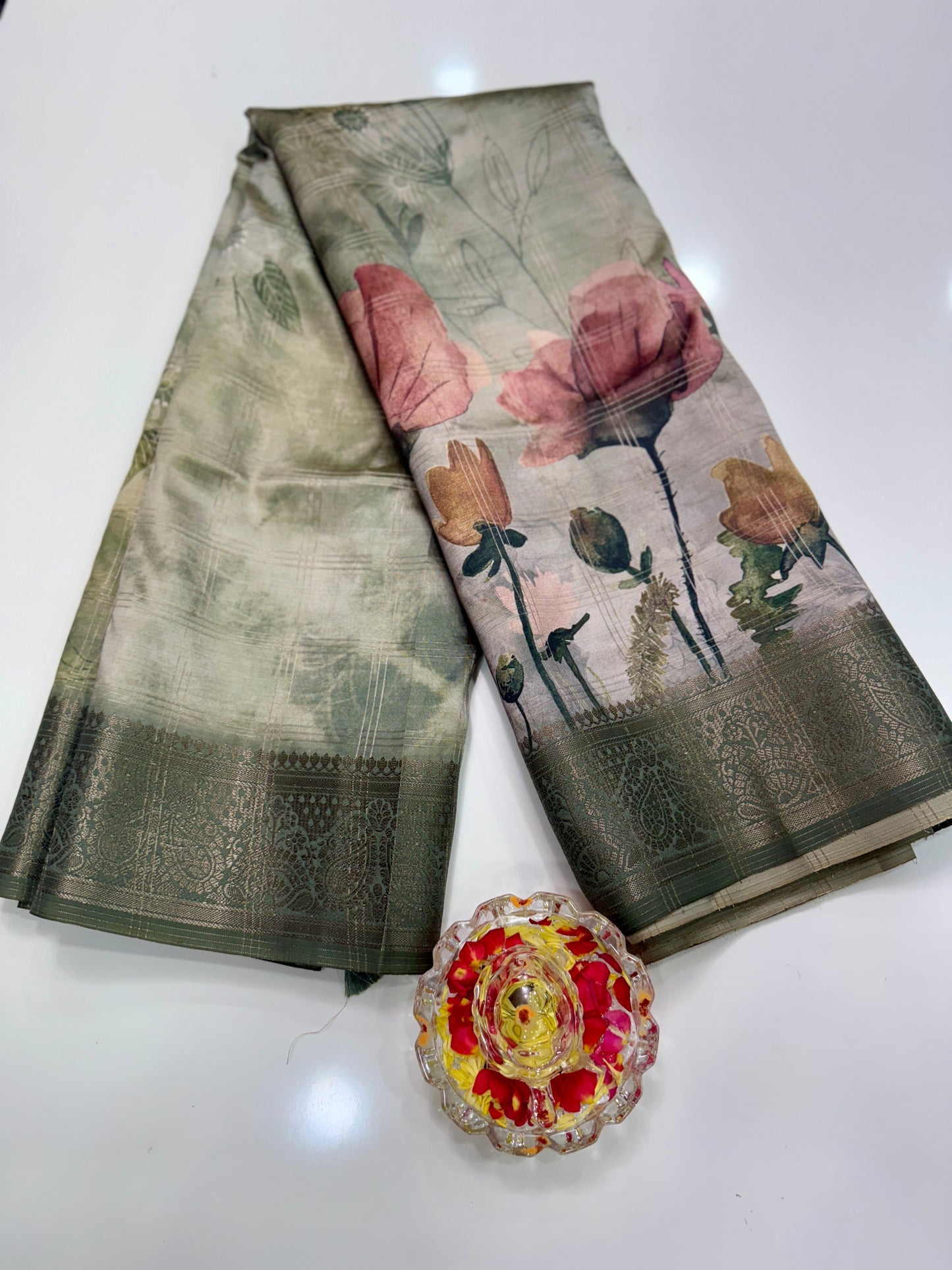 Bamboo Silk Saree with Chex Texture and Rich Pallu – Digital Floral Print Saree for Women
