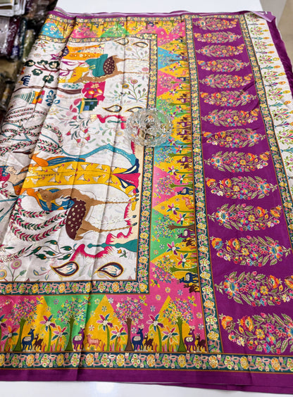 Japan satin saree for women with position print pallu and blouse, soft satin printed saree for festive and casual wear