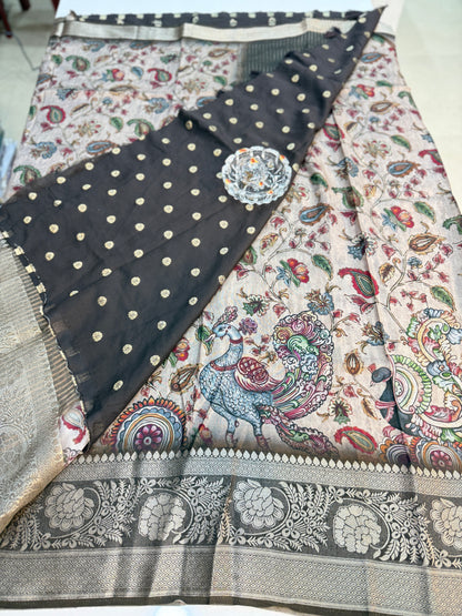 Russian Viscose Crepe Silk Chittpallu Saree with Heritage Print and Zari Border for Women