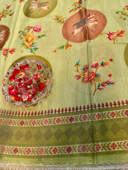 Pure Ziraf Silk Printed Saree with Elephant and Floral Motifs – Lightweight Soft Silk Saree for Women