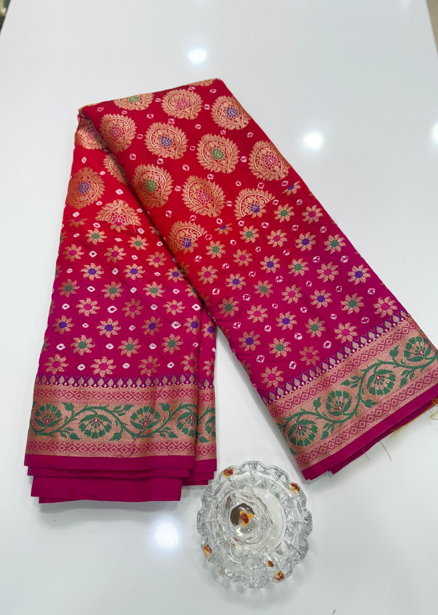 Banarasi dupiyan bandhani saree with semi-weaving neemjari work and hand chunri craftsmanship