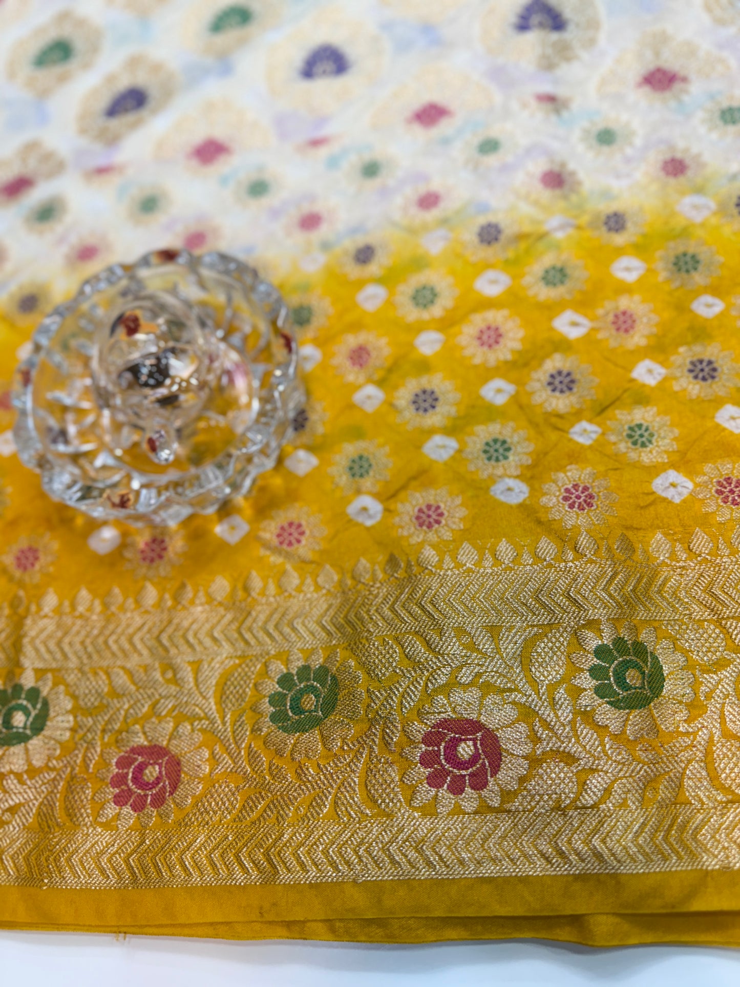Banarasi dupiyan bandhani saree with semi-weaving neemjari work and hand chunri craftsmanship