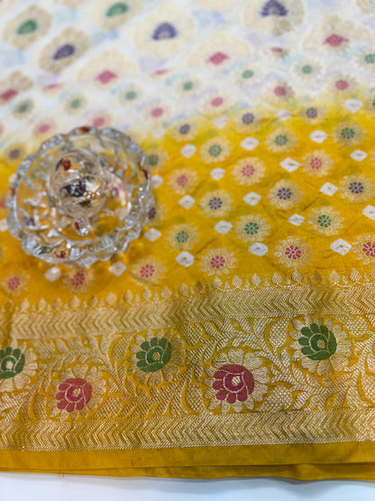 Banarasi dupiyan bandhani saree with semi-weaving neemjari work and hand chunri craftsmanship