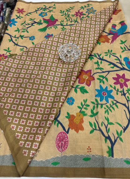 Assam silk saree for women with aari embroidery and paithani motifs, festive wear saree with blouse