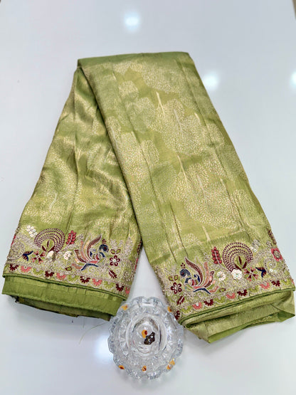 Tissue Silk Saree with Embroidery, Sequin, and Mirror Work Border – Festive Saree for Women