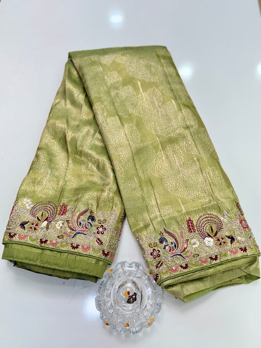 Tissue Silk Saree with Embroidery, Sequin, and Mirror Work Border – Festive Saree for Women