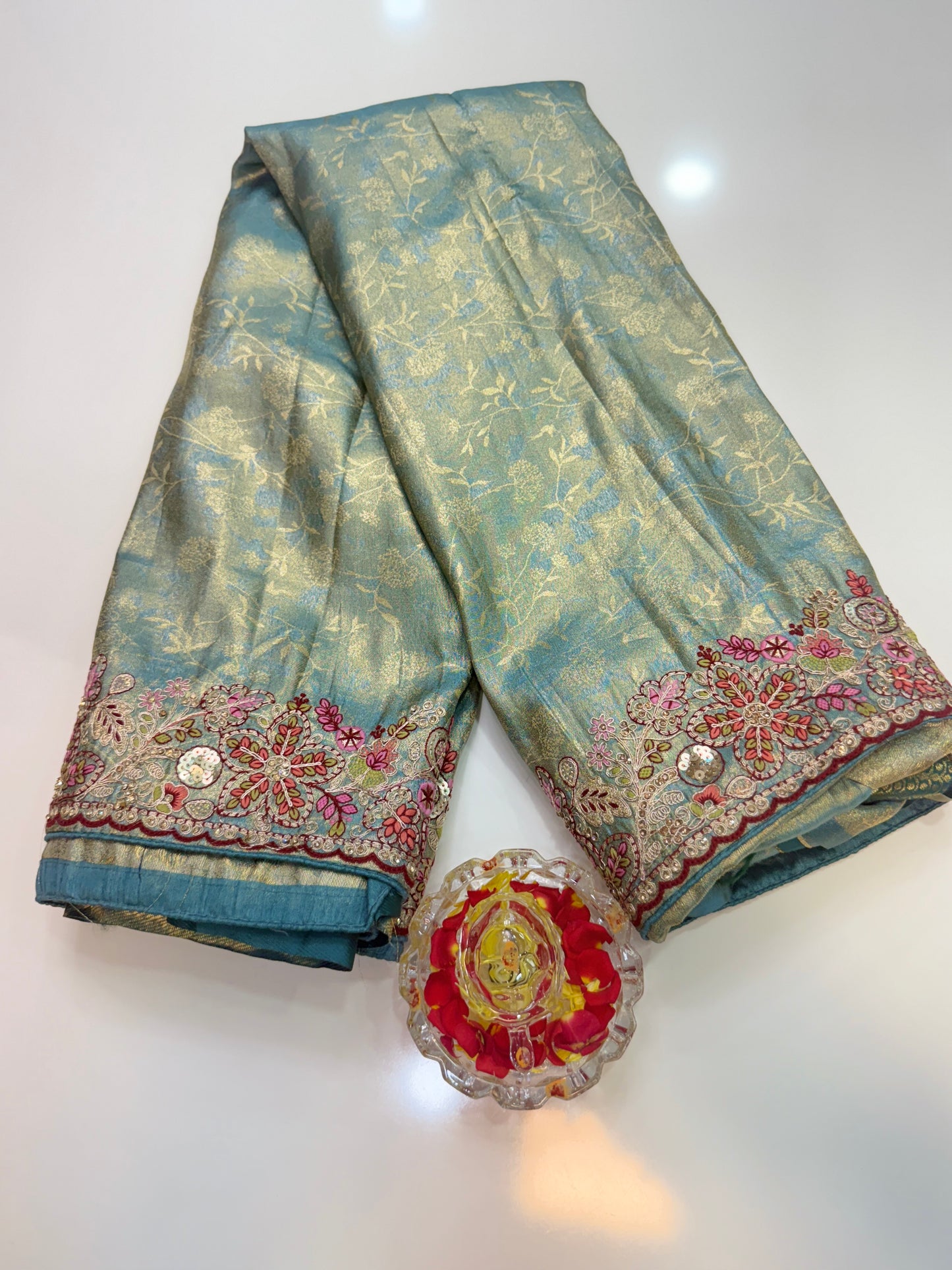 Tissue Silk Saree with Embroidery, Sequin, and Mirror Work Border – Festive Saree for Women