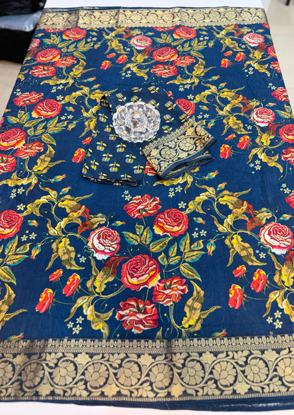 Pure Viscose Crepe silk saree with digital floral print and woven zari border for women