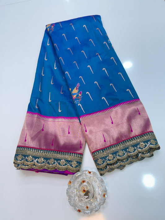 Paithani Lace Border Soft Silk Saree with Contrast Blouse for Women