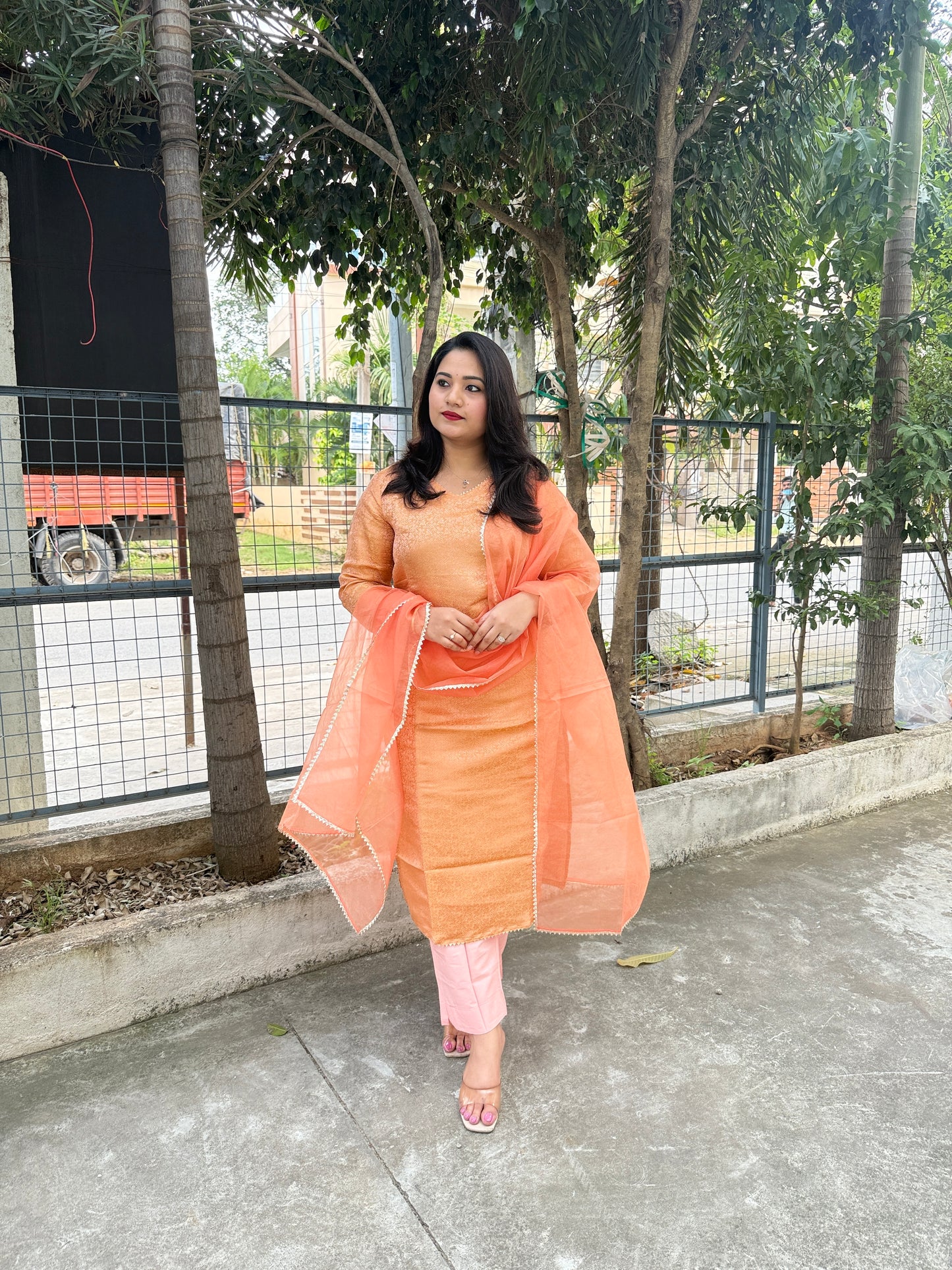 Brocade Banarasi Straight Kurta Pant Set with Organza Dupatta for Women