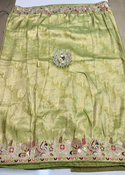 Tissue Silk Saree with Embroidery, Sequin, and Mirror Work Border – Festive Saree for Women