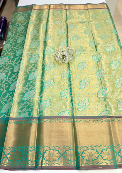 Bridal tissue saree for women with woven zari work and contrast border, kanchipuram style powerloom saree with blouse fabric