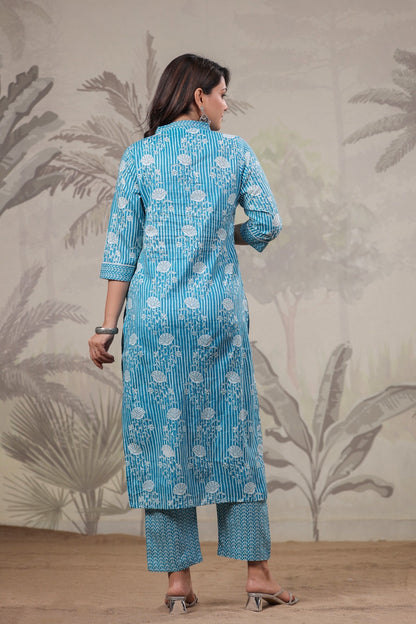 Pure Cotton Printed Kurta Pant Set for Women – Blue Daily Wear Suit Set, Sizes 38–46