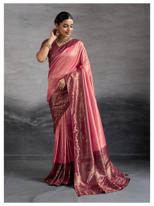 Kanjivaram Soft Silk Saree with Double Zari Kadiyal Border, Meenakari Pallu and Brocade Blouse