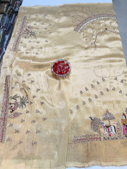 Cream Pure Ziraf Silk Saree with Zari, Thread, Cut Dana & Moti Heavy Work – Bridal and Festive Wear