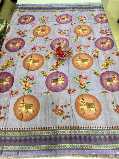 Pure Ziraf Silk Printed Saree with Elephant and Floral Motifs – Lightweight Soft Silk Saree for Women