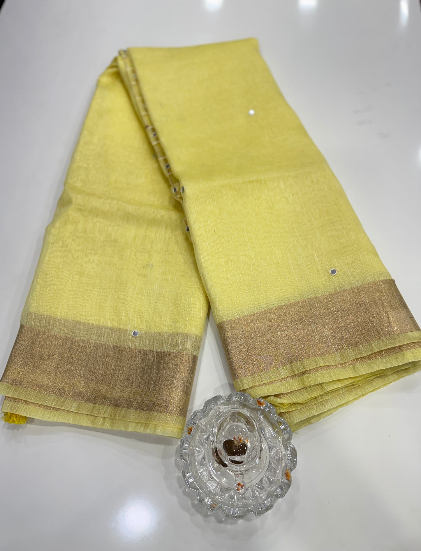 Pure Tissue 150 Count Linen Handloom Saree with Handwork and Running Blouse for Women