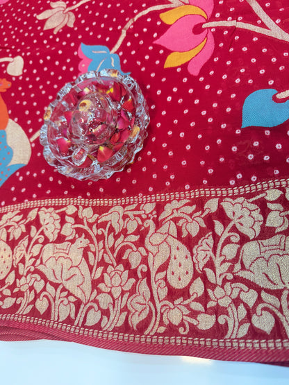 Pure Kaddi Georgette Zari Weaving Saree in Crimson Red with Traditional Floral Jaal and Rich Border – Festive & Wedding Wear Saree for Women