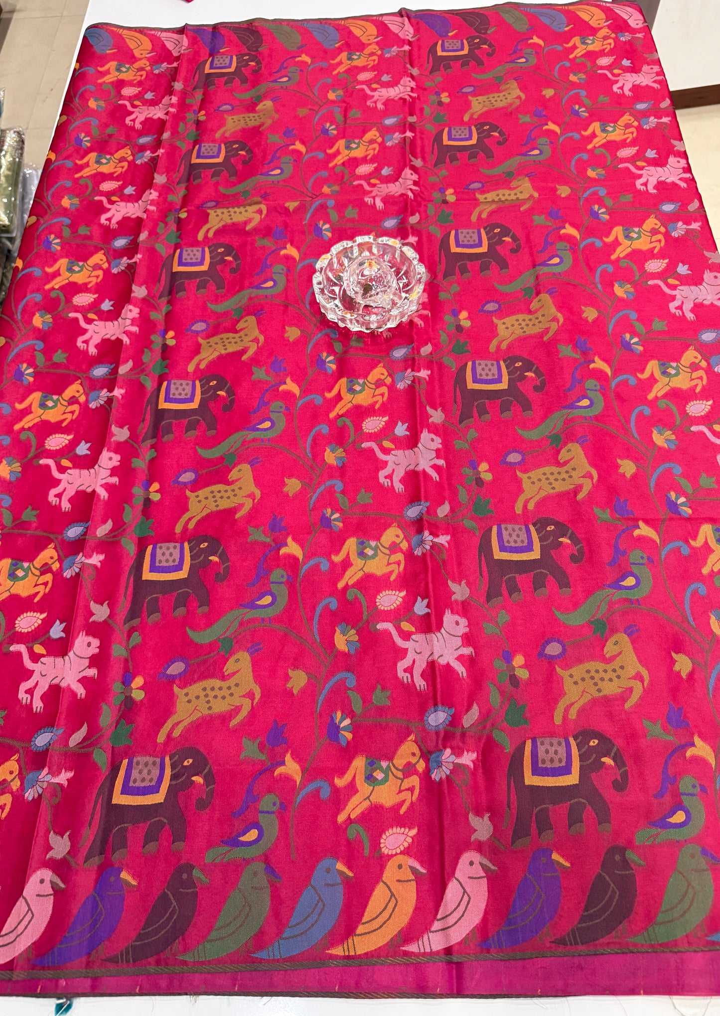 Soft silk printed saree with multicolour ethnic motifs and contrast blouse piece