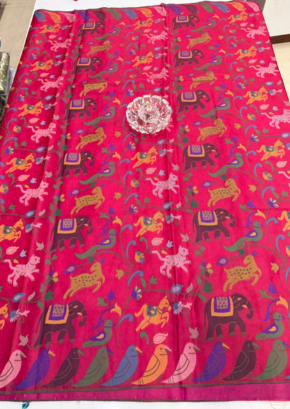 Soft silk printed saree with multicolour ethnic motifs and contrast blouse piece