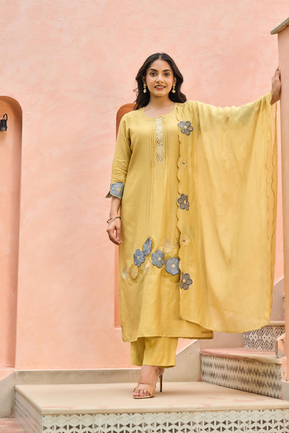 mal chanderi kurta pant & dupatta set