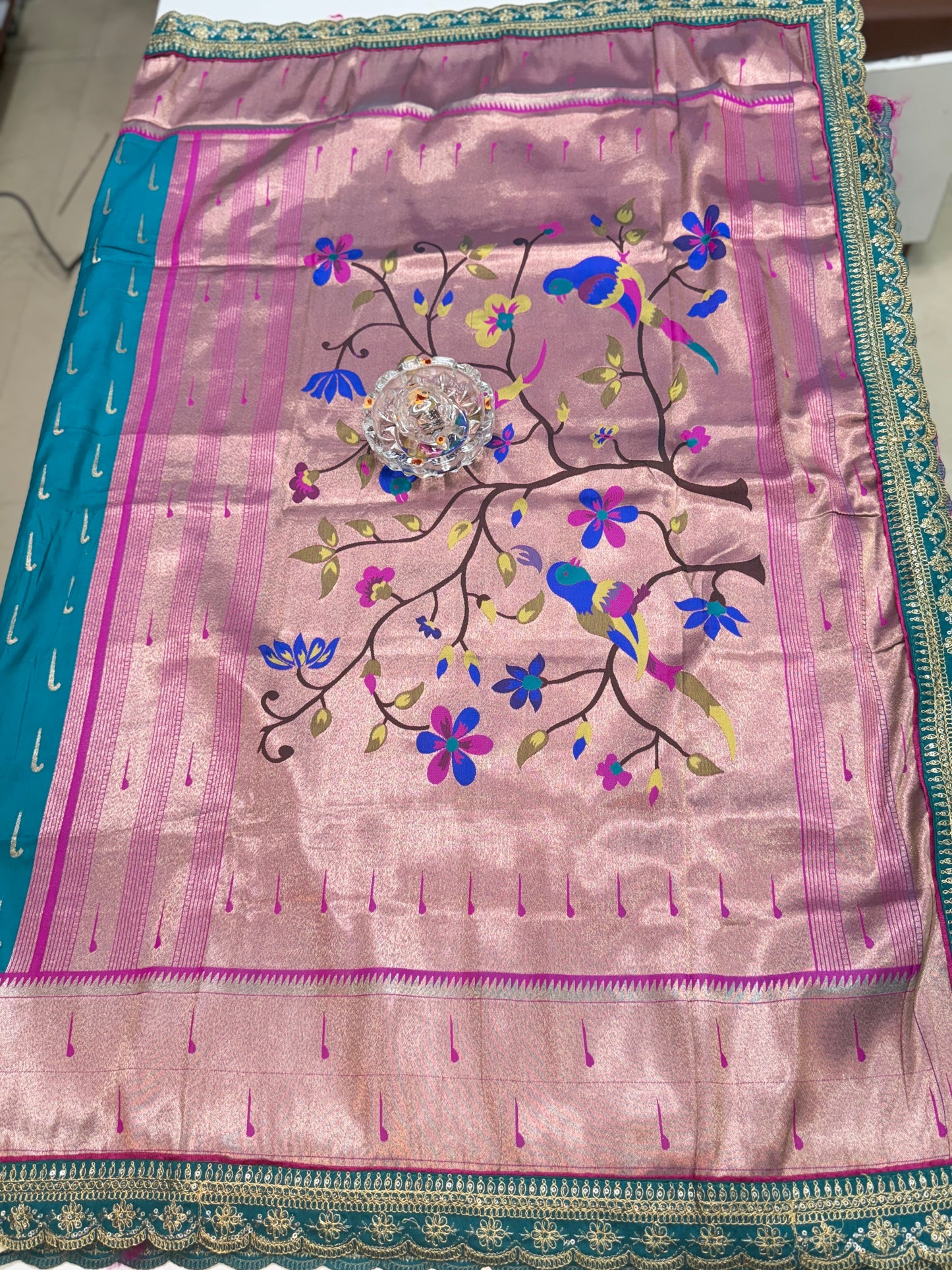 Paithani Lace Border Soft Silk Saree with Contrast Blouse for Women