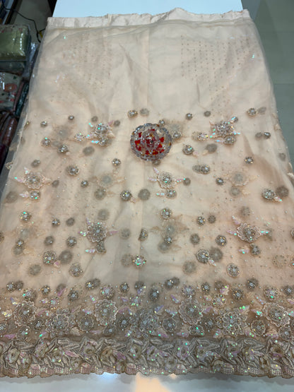 Champagne Gold Sequin Embroidered Saree for Women – Fancy Designer Fabric with 3D Floral and Crystal Work