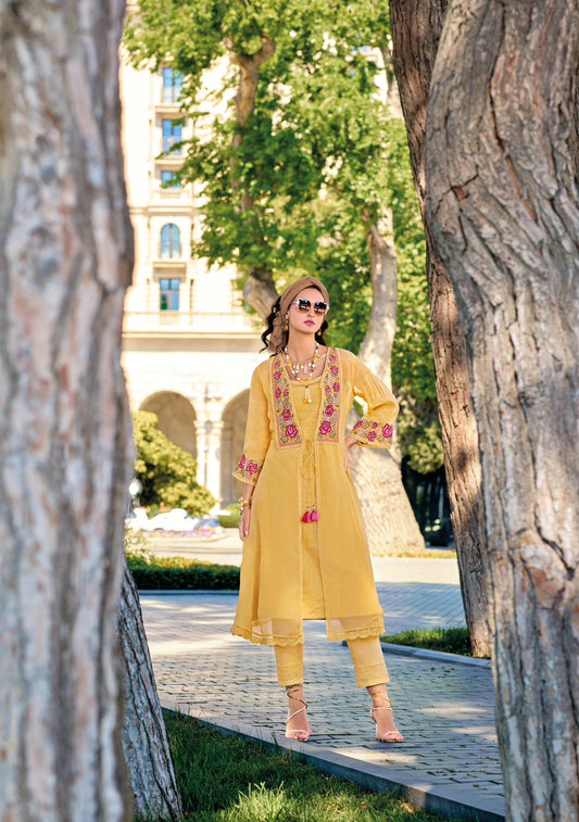 Pure Viscose Organza Silk Kurti Pant Set with Embroidered Organza Koti – Women’s Festive Ethnic Wear