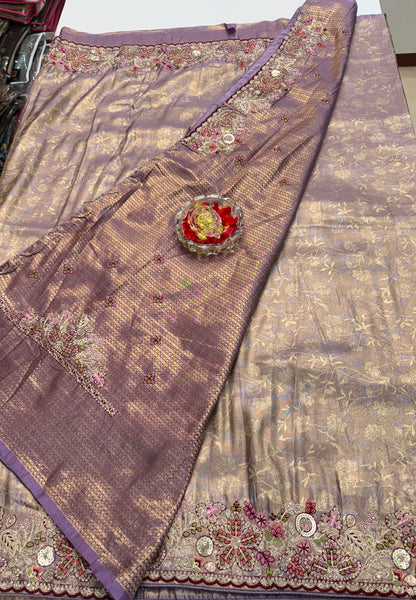 Tissue Silk Saree with Embroidery, Sequin, and Mirror Work Border – Festive Saree for Women