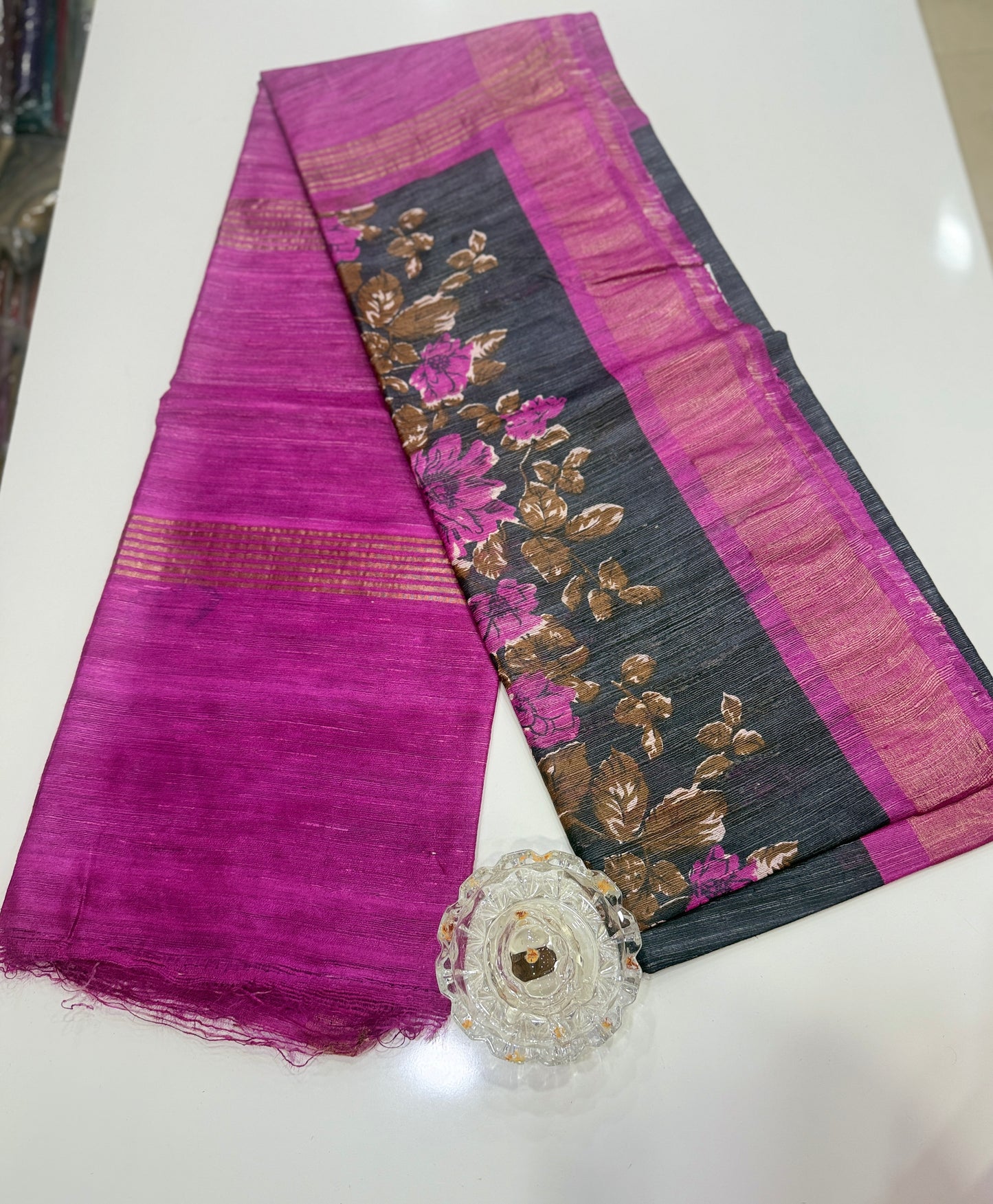 Pure Tussar Ghicha Silk Saree with Zari Border and Printed Design – Silk Mark Certified Handloom Saree