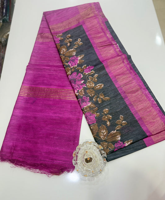Pure Tussar Ghicha Silk Saree with Zari Border and Printed Design – Silk Mark Certified Handloom Saree