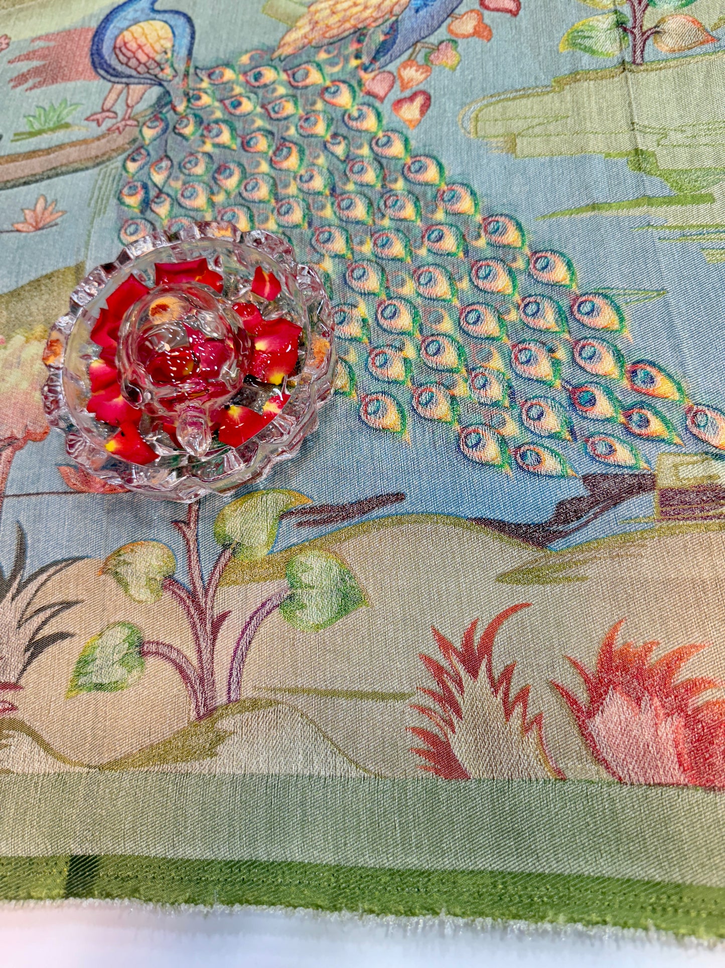 Pure Ziraf Silk Peacock Print Saree with Colorful Nature Motifs and Geometric Border – Soft Silk Printed Saree for Women