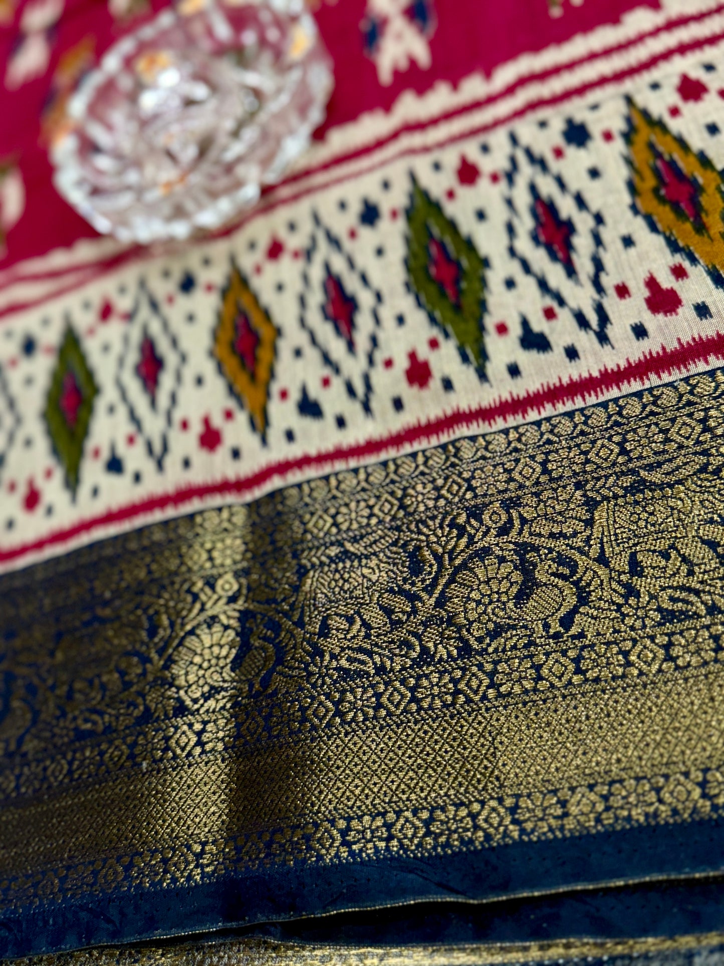 Semi Maheshwari Silk Saree with Zari Border & Ikat Style Weaving for Women