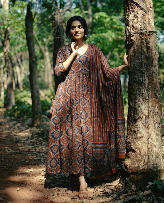 Unveil Elegance: Trendy Aaliya Cut Ajrakh Print Anarkali by Mani's Collection