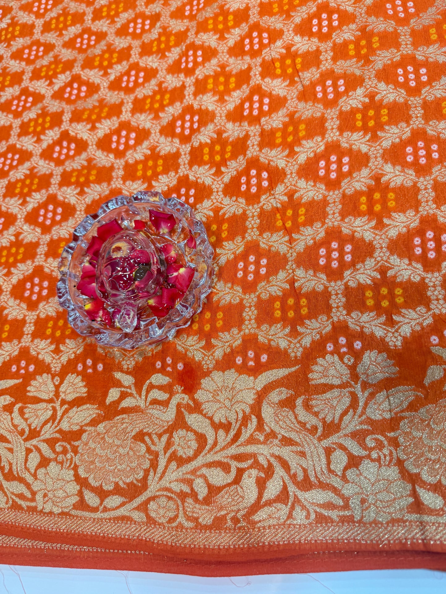 Pure Kaddi Georgette Zari Weaving Saree in Rust-Orange with Bandhani-Inspired Pattern and Antique Gold Border – Festive & Wedding Wear for Women