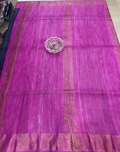 Pure Tussar Ghicha Silk Saree with Zari Border and Printed Design – Silk Mark Certified Handloom Saree