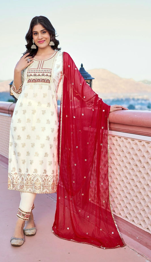 Rayon Foil Print Kurta Pant Dupatta Set with Naznin Dupatta and Lace Work for Women – Sizes XL and XXL