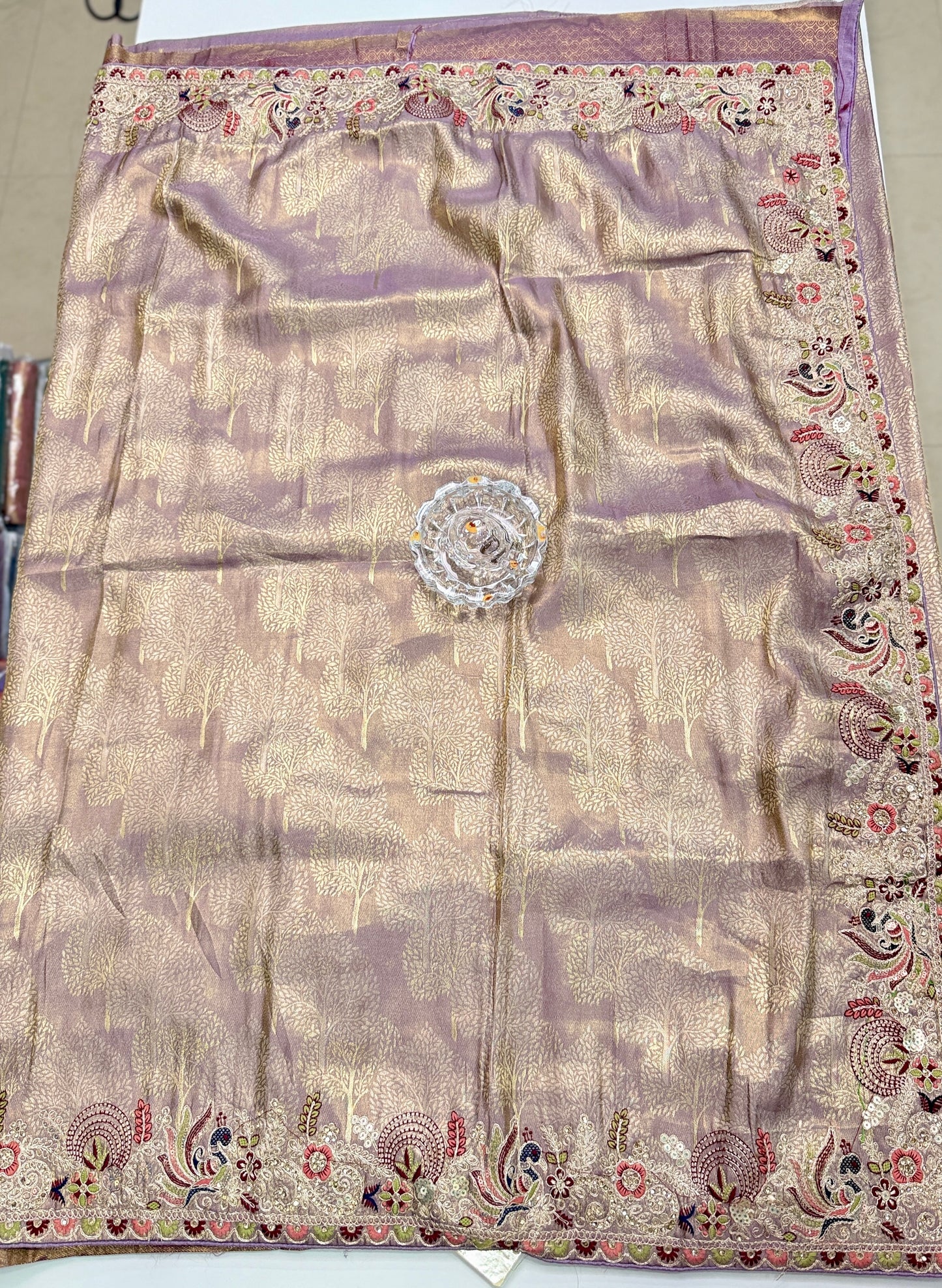 Tissue Silk Saree with Embroidery, Sequin, and Mirror Work Border – Festive Saree for Women