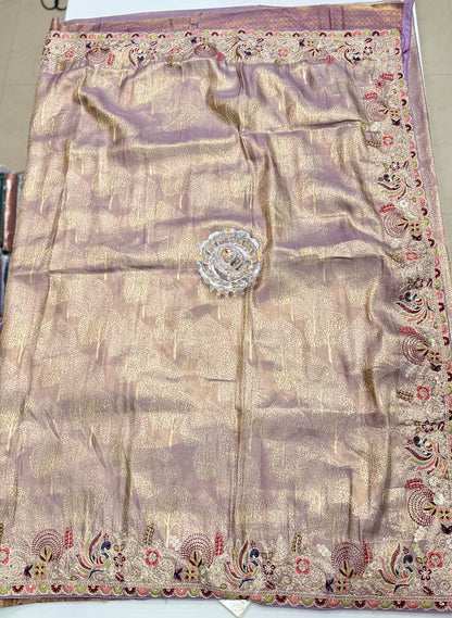 Tissue Silk Saree with Embroidery, Sequin, and Mirror Work Border – Festive Saree for Women
