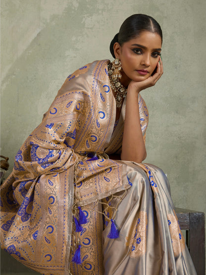 Satin Silk Saree with Zari Weaving and Meenakari Pallu for Women