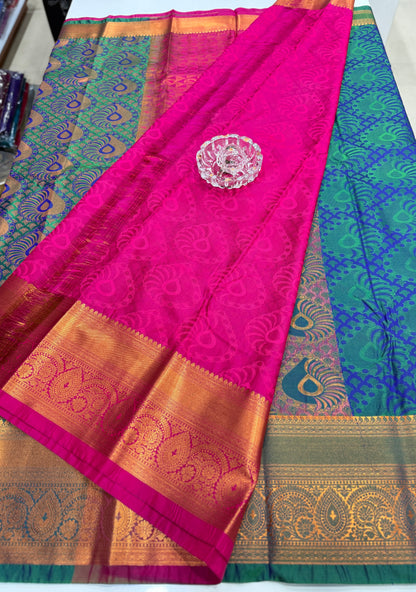 Bridal Soft Silk Saree with Jacquard Weaving & Contrast Border for Women