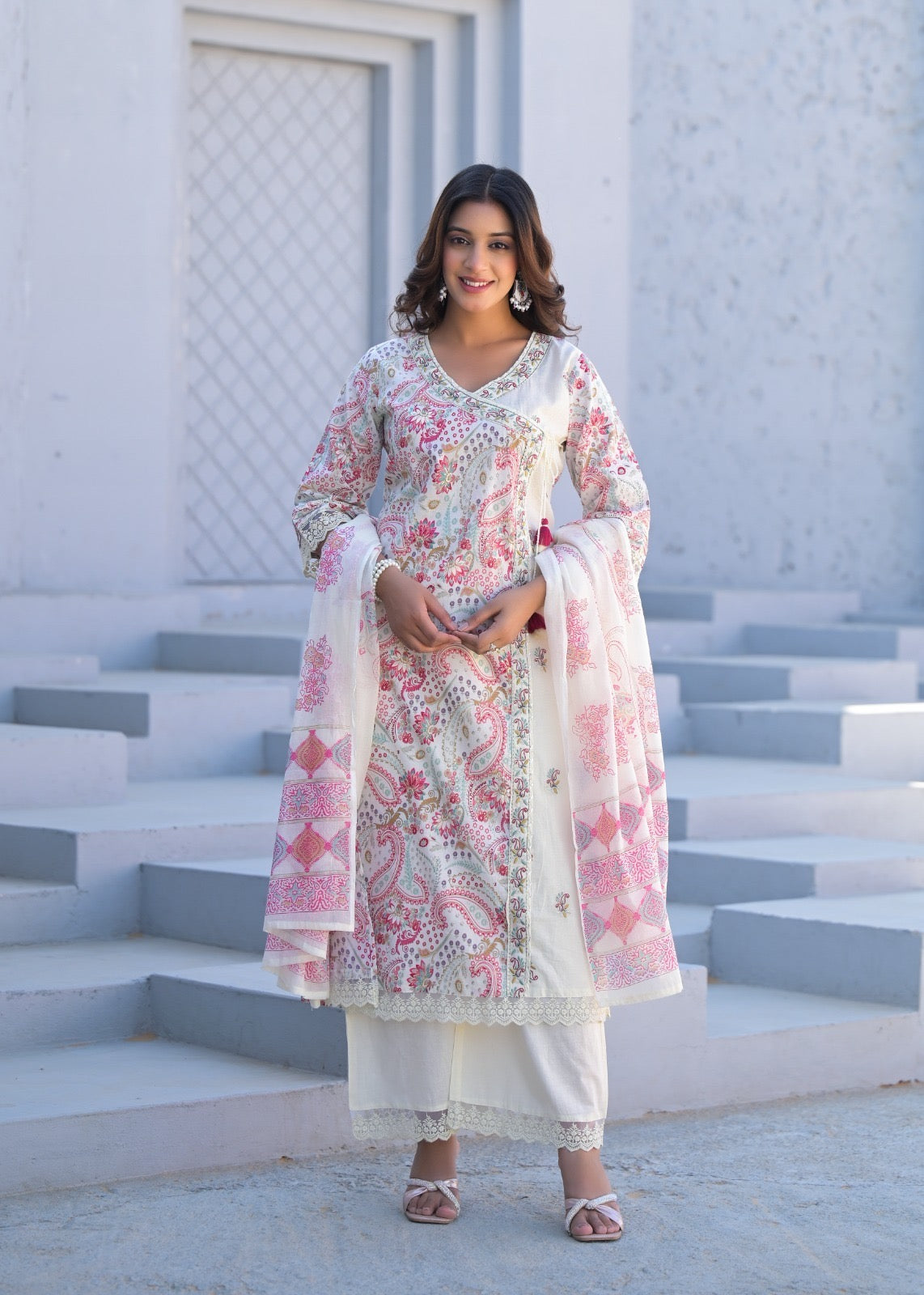 Women’s digital cotton kurta pant dupatta set with thread embroidery – summer ethnic wear