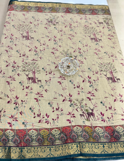 Chennuri silk style printed saree with traditional artwork border and unstitched blouse fabric for women