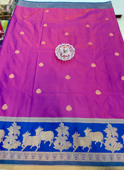 Handloom styled Silk Pichwai Saree with Woven Border and Contrast Blouse