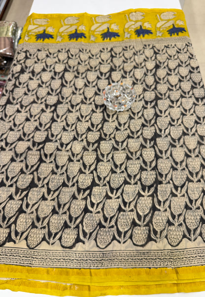 Pure Chanderi Silk Saree with Intricate Handblock Print and Blouse Piece – Traditional Wear for Women